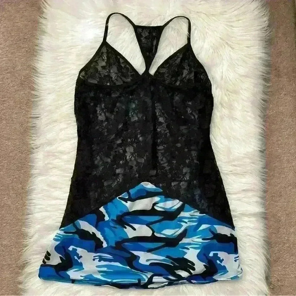 Virgo Blue Camo and Sheer Lace Lingerie Babydoll Slip Dress Large - Picture 5 of 6